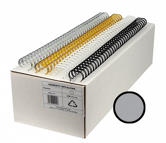 Grzbiety drutowe 9.5 mm, oprawa do 65 kartek, srebrny